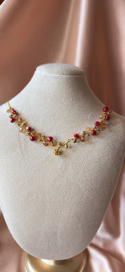 Mini Gold Rose Necklace Flower Pendant Handmade Braided Crystal Red Gold Beaded S925 Sterling Silver Hypoallergenic Floral Bohemian