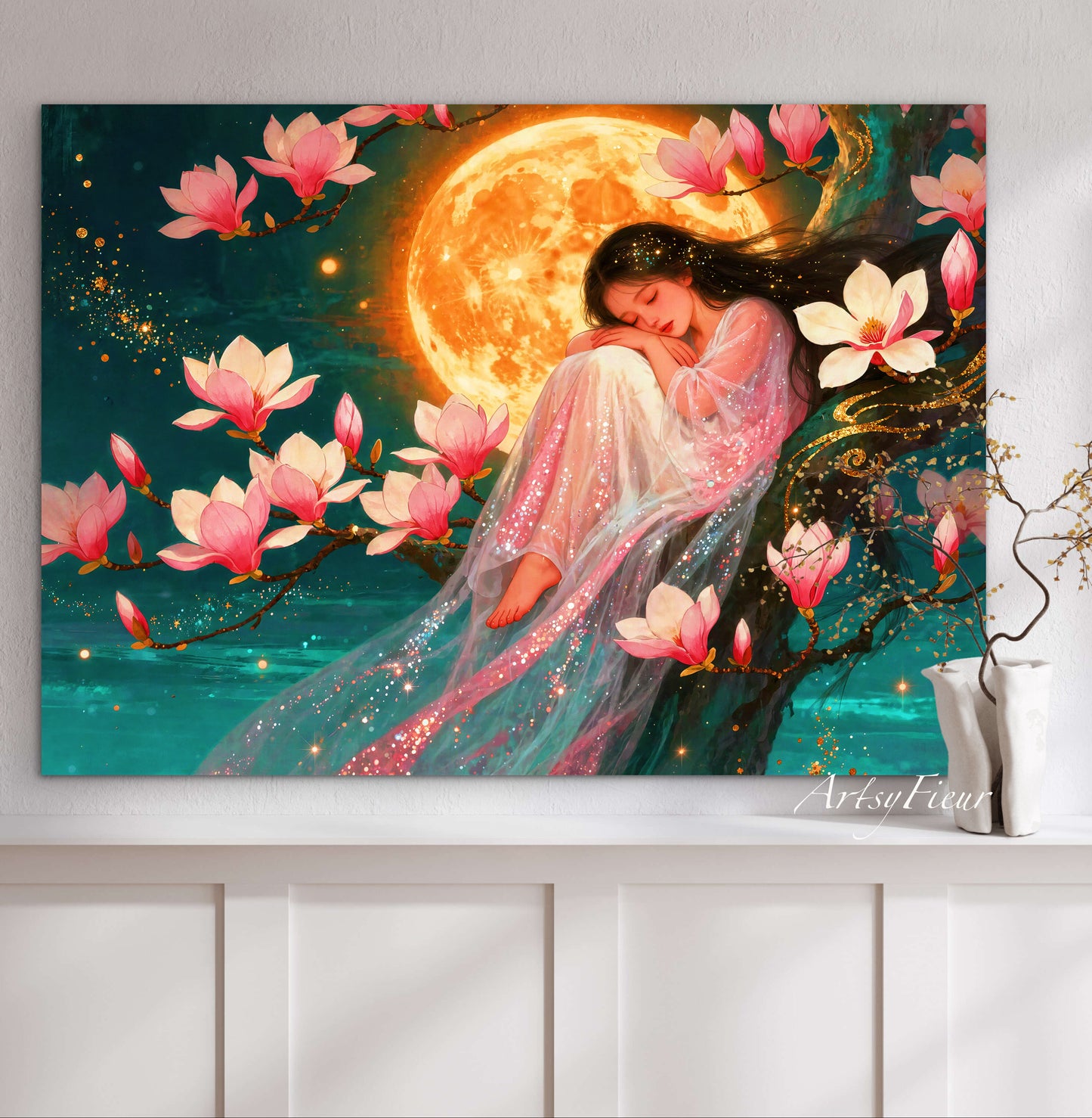 Framed Canvas- Vibrant Magnolia Flowers Beautiful Brunette Asian Woman’s Abstract Portrait Original Artwork Fantasy Wall Art Print