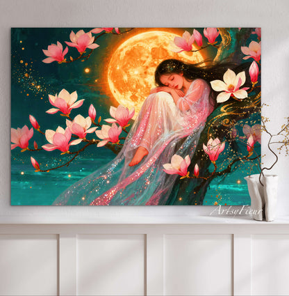Framed Canvas- Vibrant Magnolia Flowers Beautiful Brunette Asian Woman’s Abstract Portrait Original Artwork Fantasy Wall Art Print