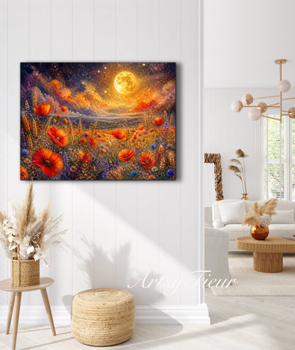 Framed Canvas Print- Vibrant Wildflowers and Poppies Oil Painting Textured Wall Art , Beautiful Original Artwork Ready to Hang Living Room, Floral