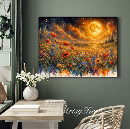 Framed Canvas Print- Vibrant Wildflowers and Poppies Oil Painting Textured Wall Art , Beautiful Original Artwork Ready to Hang Living Room, Floral