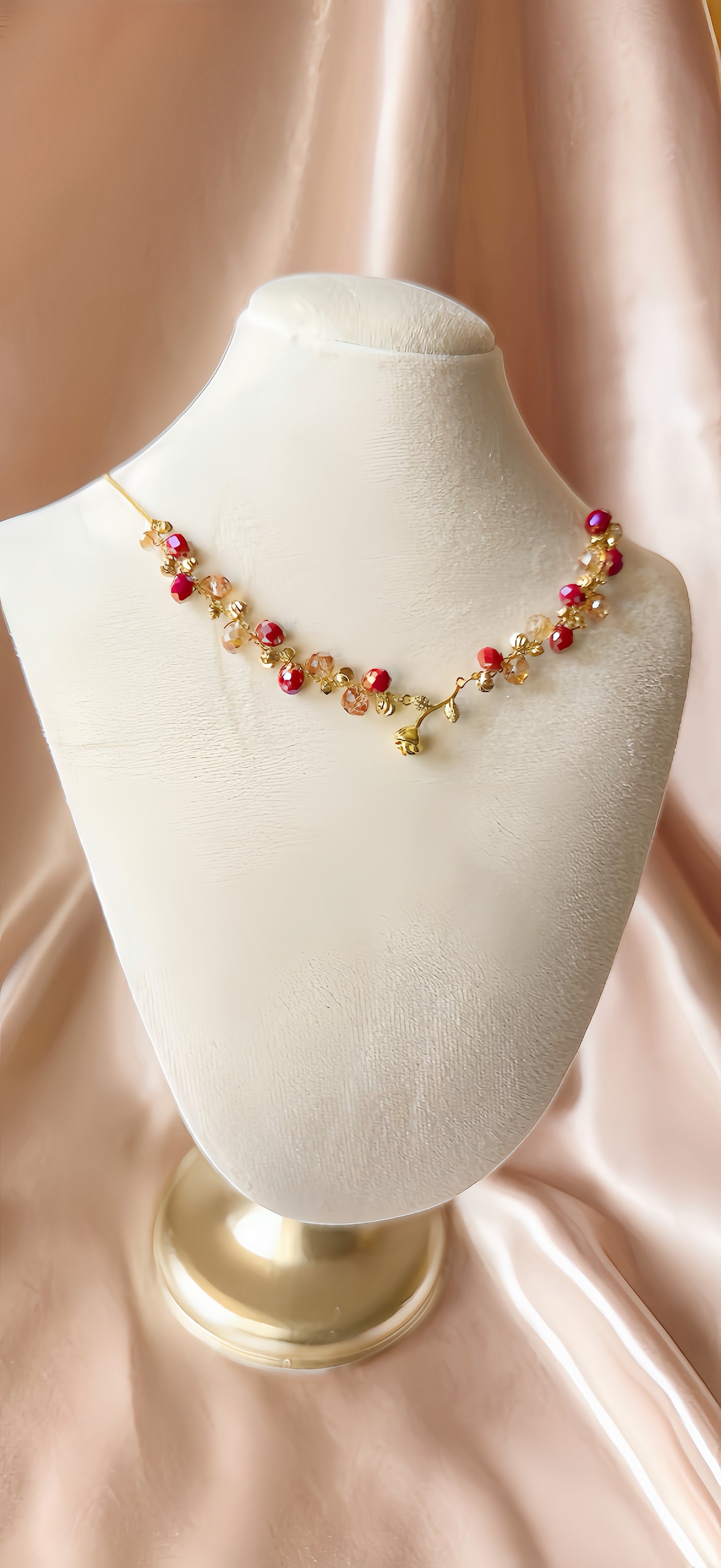 Mini Gold Rose Necklace Flower Pendant Handmade Braided Crystal Red Gold Beaded S925 Sterling Silver Hypoallergenic Floral Bohemian