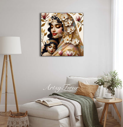 Framed canvas- ready to hang wall art print, abstract mother and daughter portrait Mosaic Magnolia Flowers Indian Beautiful Woman