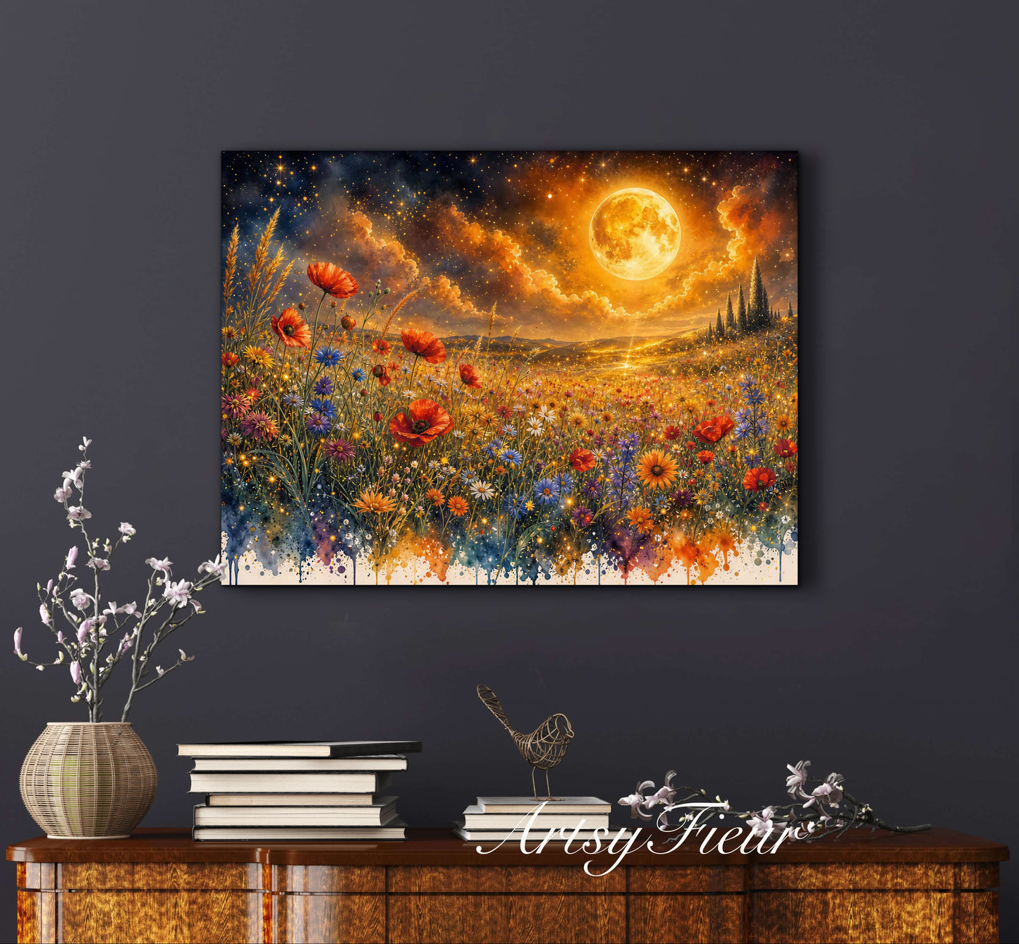 Framed Canvas Print- Vibrant Wildflowers and Poppies Oil Painting Textured Wall Art , Beautiful Original Artwork Ready to Hang Living Room, Floral