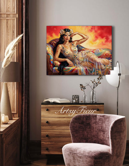 Framed canvas Beautiful Brunette on colourful sofa vibrant wall art abstract portrait, vibrant colours fantasy watercolour painting Ready to Hang Living Room Wall Art Print