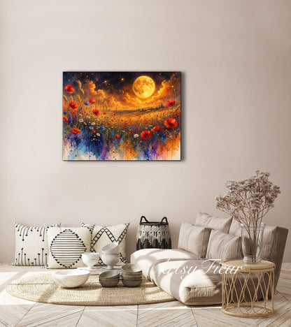 Framed Canvas Print- Vibrant Wildflowers and Poppies Oil Painting Textured Wall Art , Beautiful Original Artwork Ready to Hang Living Room, Floral