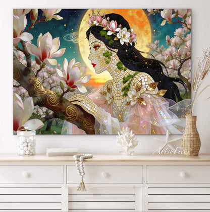 Framed Canvas- Vibrant Magnolia Flowers Beautiful Brunette Woman’s Abstract Portrait Mosaic Original Artwork Fantasy Wall Art Print Mother Nature