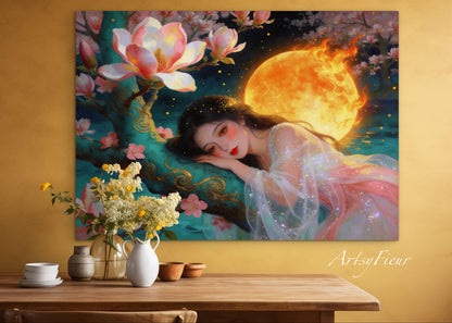 Framed Canvas- Vibrant Magnolia Flowers Beautiful Brunette Asian Woman’s Abstract Portrait Original Artwork Fantasy Wall Art Print