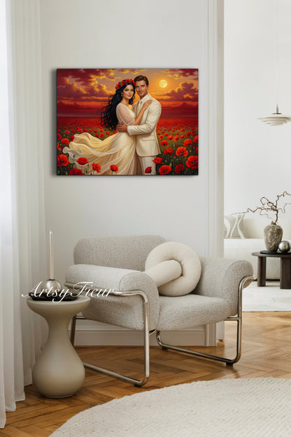 Framed canvas- whimsical full moon sunset bride and groom, wedding, poppy field, vibrant colours living room original artwork, fantasy oil painting wall art print