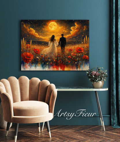 Framed canvas- whimsical full moon sunset -bride and groom, wedding gift, fantasy oil painting bedroom wall art print floral poppies field colourful vibrant colours