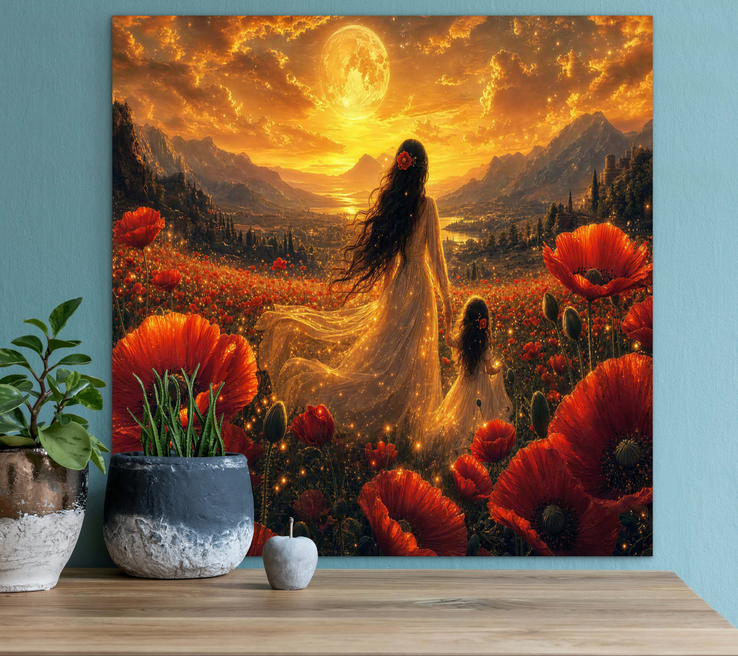 Framed Canvas- Vibrant Poppies Field Bride Mother and Daughter Portrait Whimsical Full Moon Sunset Fantasy Oil Painting Wall Art Print