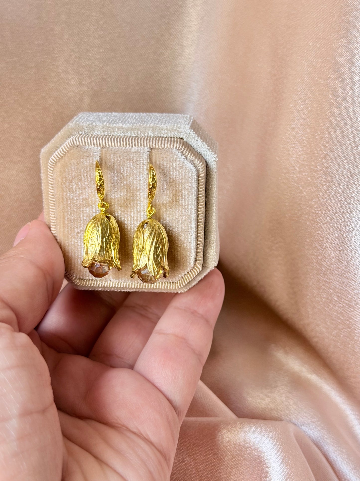 Flower Dangle Earrings Gold Tulip Crystal Handmade Statement Floral Earrings 18k Gold Plated Hypoallergenic