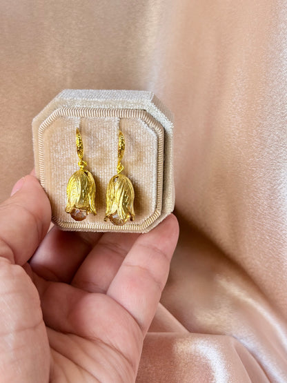 Flower Dangle Earrings Gold Tulip Crystal Handmade Statement Floral Earrings 18k Gold Plated Hypoallergenic