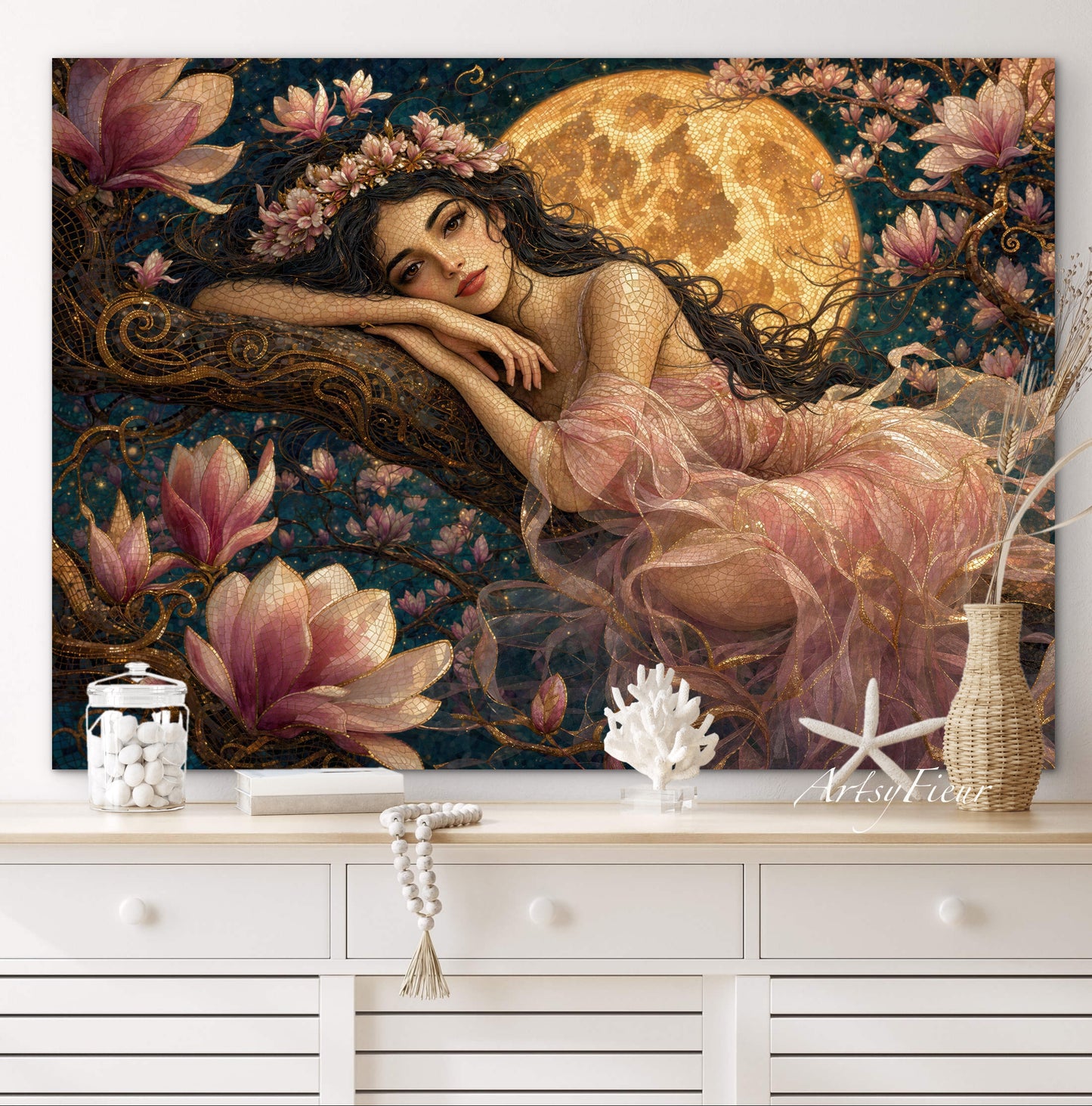 Framed Canvas- Vibrant Magnolia Flowers Beautiful Tinkerbell Woman’s Abstract Portrait Mosaic Original Artwork Fantasy Wall Art Print