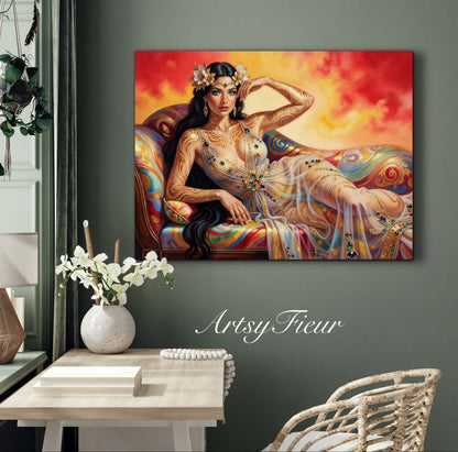 Framed canvas Beautiful Brunette on colourful sofa vibrant wall art abstract portrait, vibrant colours fantasy watercolour painting Ready to Hang Living Room Wall Art Print