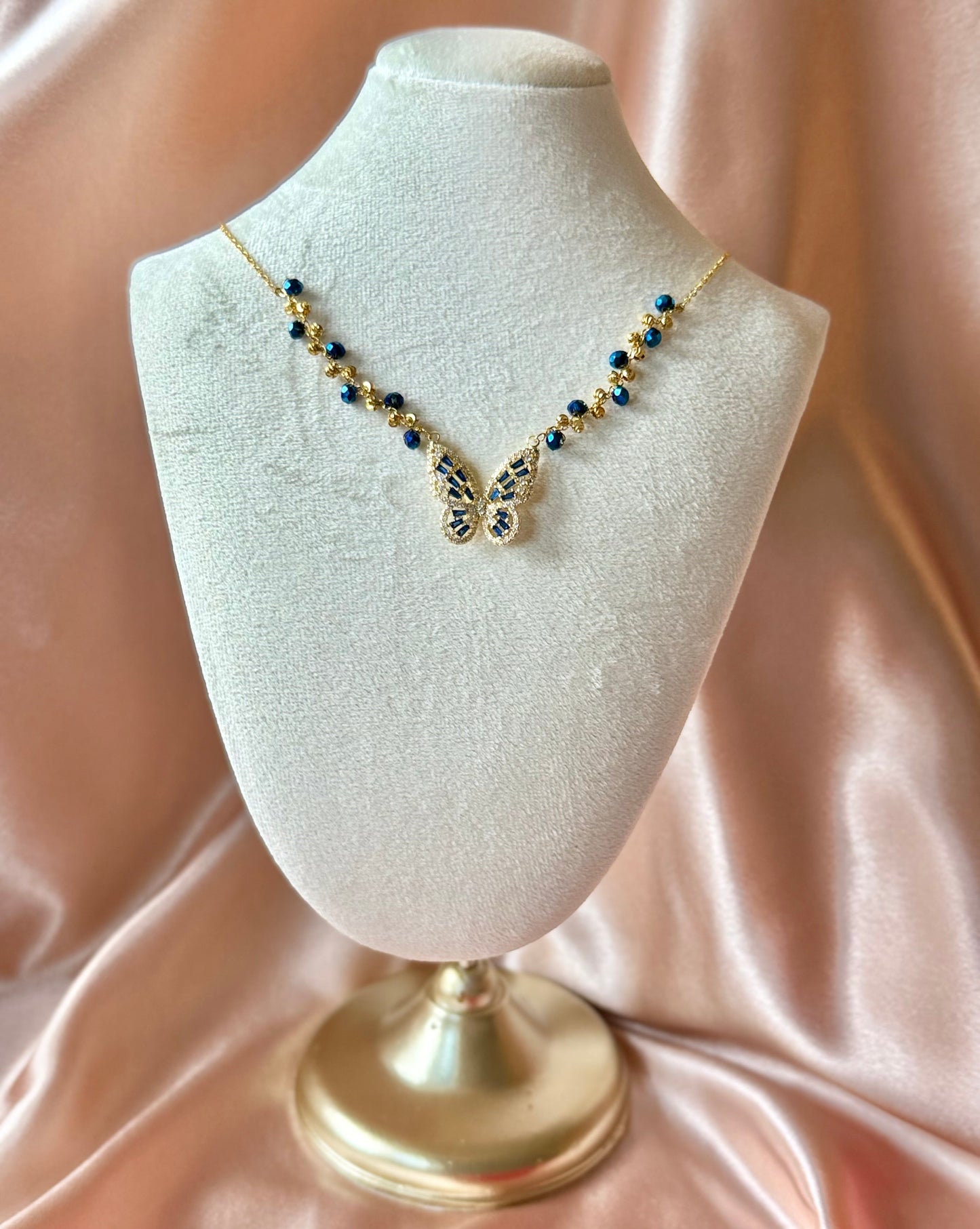 Blue Butterfly Necklace Handmade Braided Beaded Necklace | Deep Blue Crystal |18k Gold Plated | Hypoallergenic