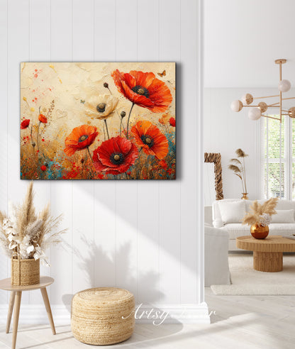 Framed Canvas- Beautiful Vibrant Poppies Abstract Oil Painting Floral Canvas Print Colourful Living Room Wall Art