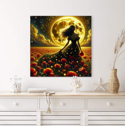 Framed Canvas - Vibrant Poppies Whimsical Full Moon Bride in Poppy Field, Wall Art Ready to hang Oil Painting Original Artwork Print Black Wedding Dress