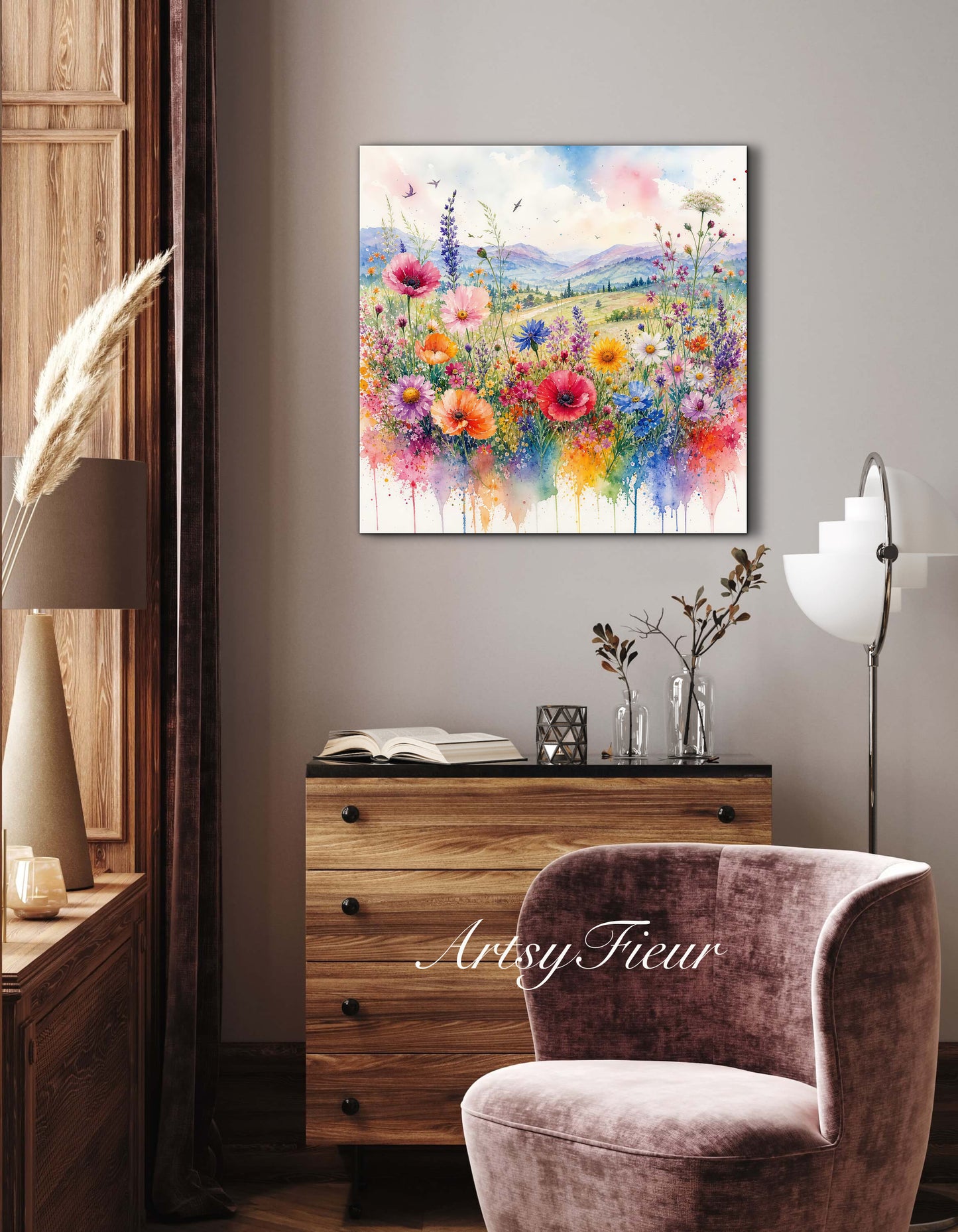 Framed Canvas- Original Artwork Vibrant Colours Wildflowers Watercolour Painting Abstract Colourful Landscape Living Room Wall Art Print