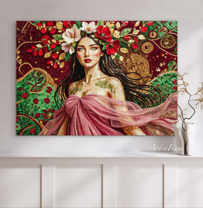 Framed Canvas- Vibrant Magnolia Flowers Beautiful Brunette Woman’s Abstract Portrait Mosaic Original Artwork Fantasy Wall Art Print Mother Nature