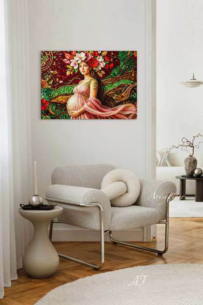 Framed Canvas- Vibrant Magnolia Flowers Beautiful Brunette Pregnant Woman’s Abstract Portrait Mosaic Original Artwork Fantasy Wall Art Print Mother Nature