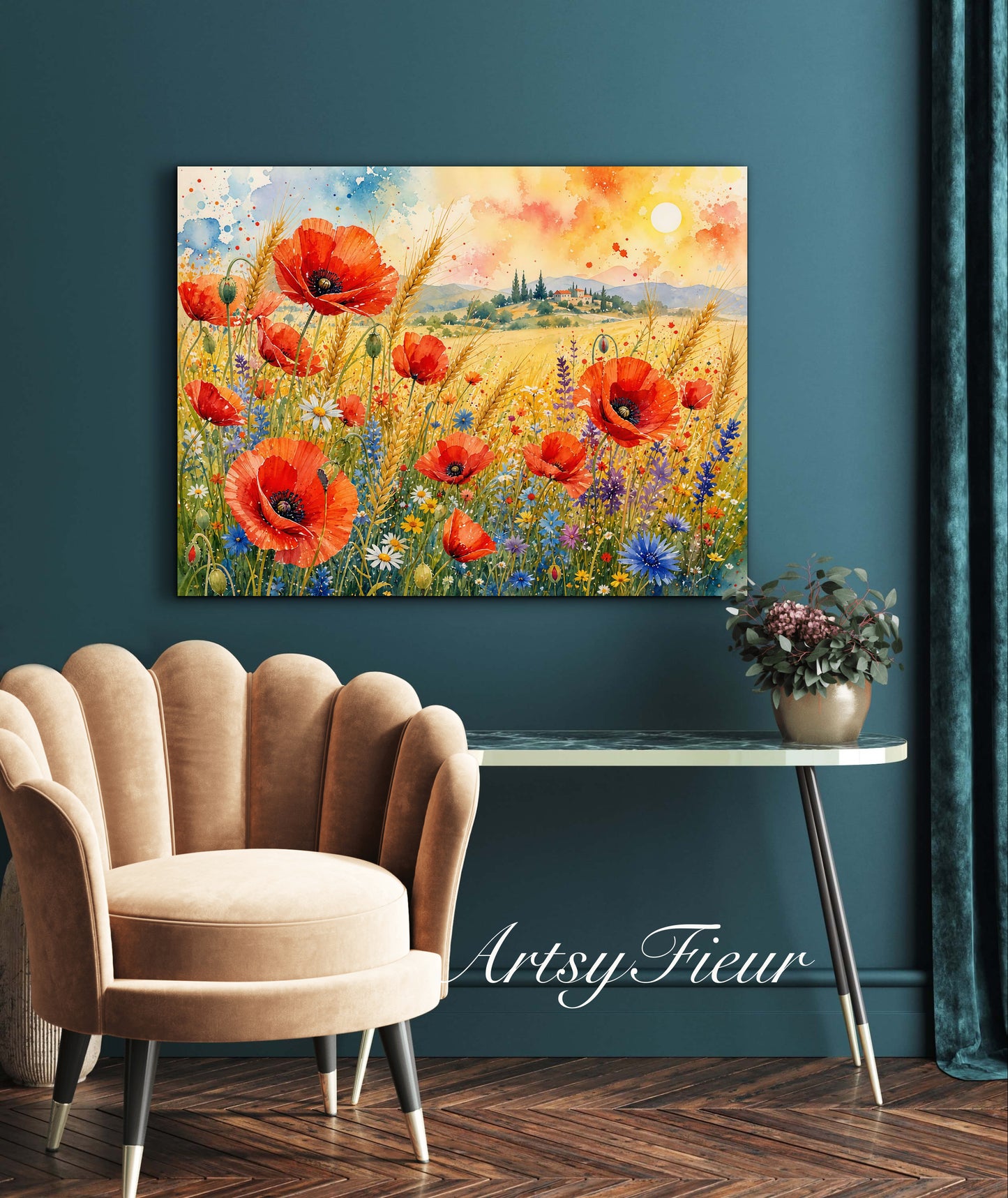Framed Canvas Print- Vibrant Wildflowers and Poppies Oil Painting Textured Wall Art , Beautiful Original Artwork Ready to Hang Living Room, Floral