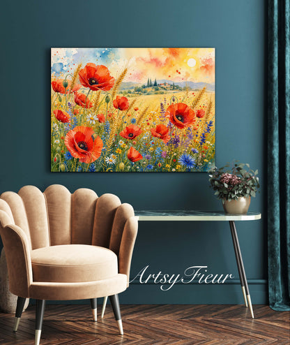 Framed Canvas Print- Vibrant Wildflowers and Poppies Oil Painting Textured Wall Art , Beautiful Original Artwork Ready to Hang Living Room, Floral