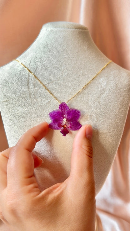 *REAL FLOWER Orchid Necklace Preserved Mini Purple Orchid in Resin 3D Flower Pendant Solid Sterling Silver Chain S925 Hypoallergenic