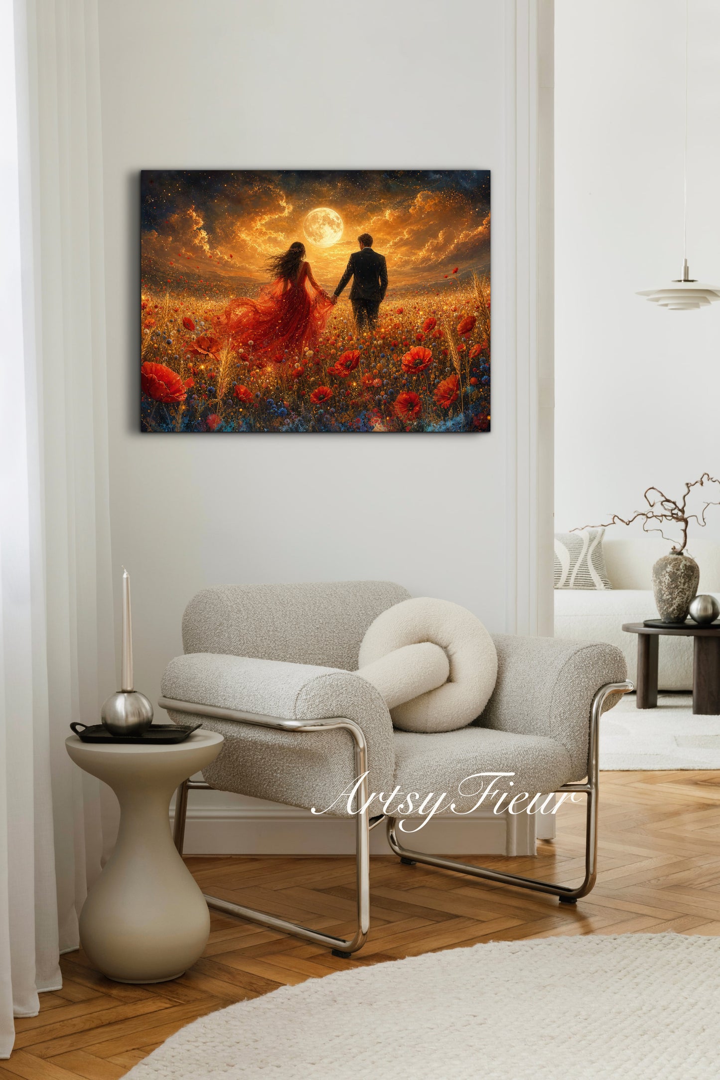 Framed canvas- whimsical full moon sunset -bride and groom, wedding gift, fantasy oil painting bedroom wall art print floral poppies field colourful vibrant colours