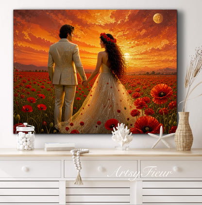 Framed canvas- whimsical full moon sunset bride and groom, wedding, poppy field, vibrant colours living room original artwork, fantasy oil painting wall art print