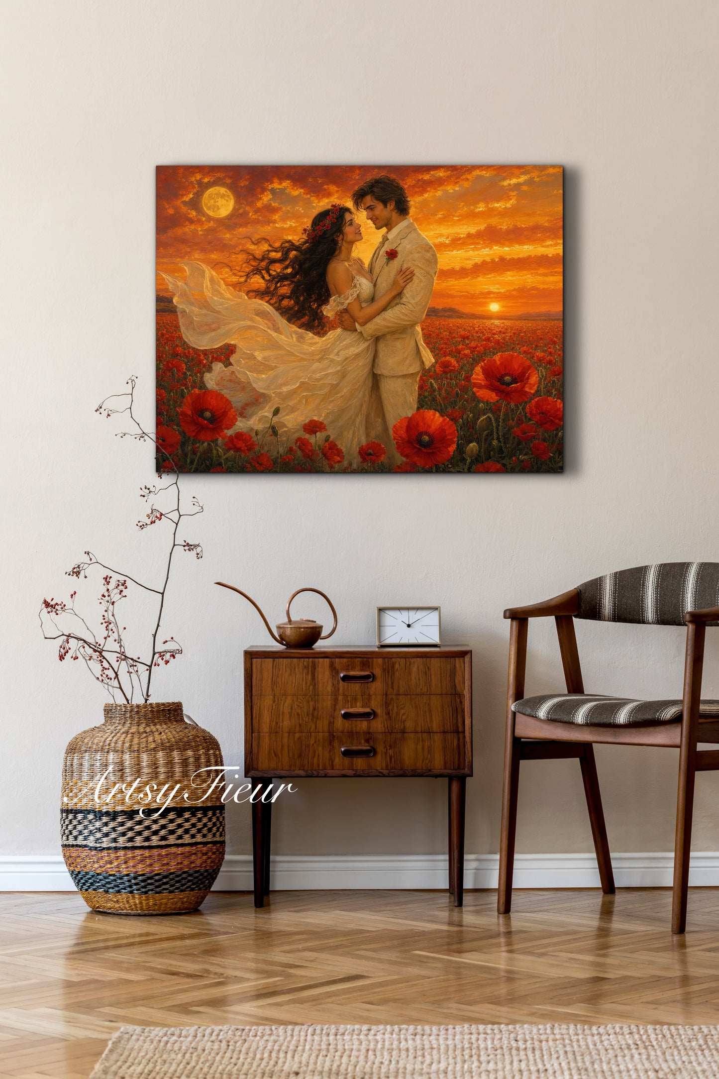 Framed canvas- whimsical full moon sunset bride and groom, wedding, poppy field, vibrant colours living room original artwork, fantasy oil painting wall art print