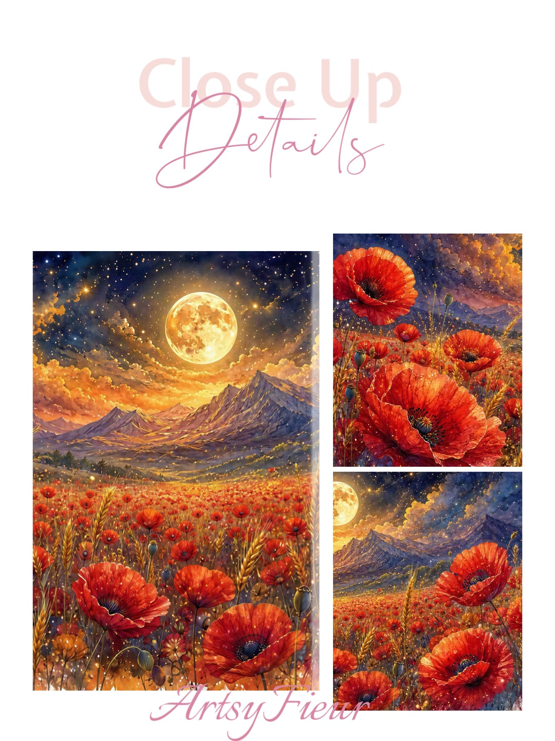 ArtsyFieur Framed Canvas - vibrant poppies whimsical lights full moon living room colourful wall art