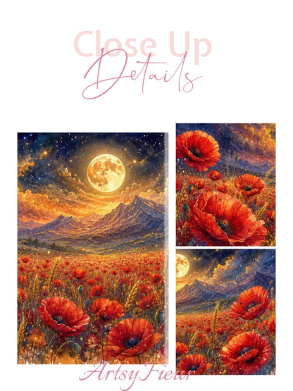 ArtsyFieur Framed Canvas - vibrant poppies whimsical lights full moon living room colourful wall art