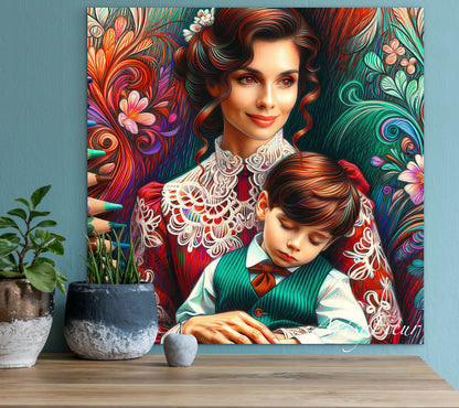 Framed canvas print Mother and son abstract coloured crayons portrait vibrant wall art