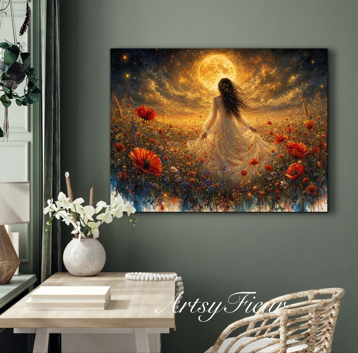 Framed Canvas - Vibrant poppies and wildflowers Whimsical Full Moon starry night sky Bride in Poppy Field, Wall Art Ready to hang original Artwork Print