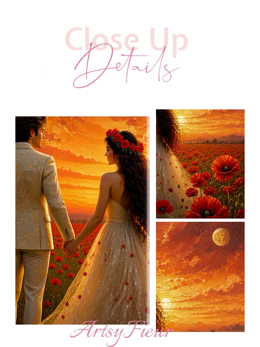 Framed canvas- whimsical full moon sunset bride and groom, wedding, poppy field, vibrant colours living room original artwork, fantasy oil painting wall art print