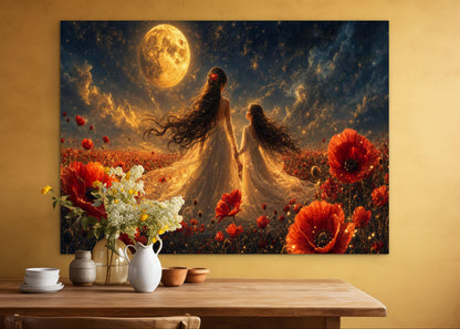 Framed Canvas- Vibrant Poppies Field Bride Mother and Daughter Portrait Whimsical Full Moon Sunset Fantasy Oil Painting Wall Art Print