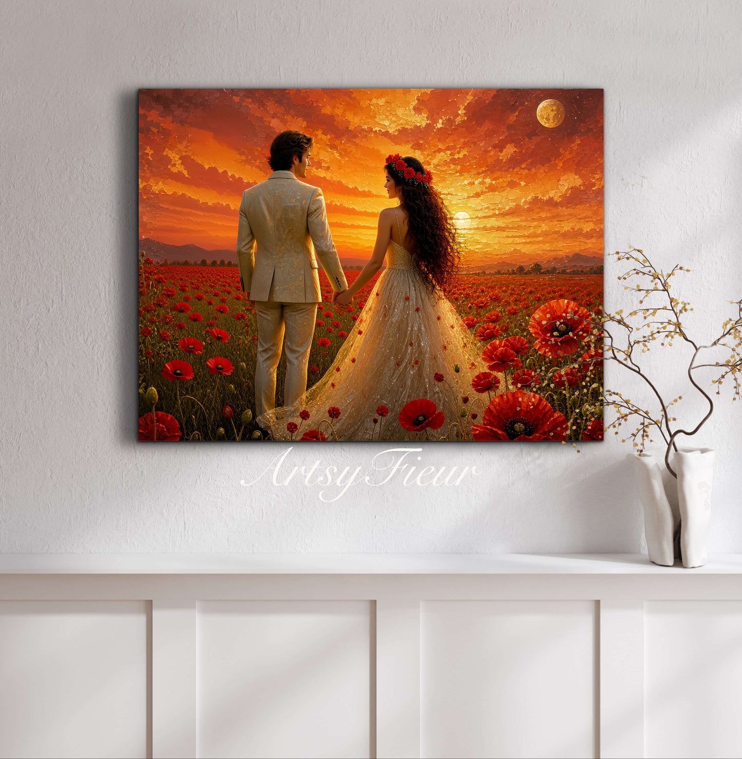 Framed canvas- whimsical full moon sunset bride and groom, wedding, poppy field, vibrant colours living room original artwork, fantasy oil painting wall art print