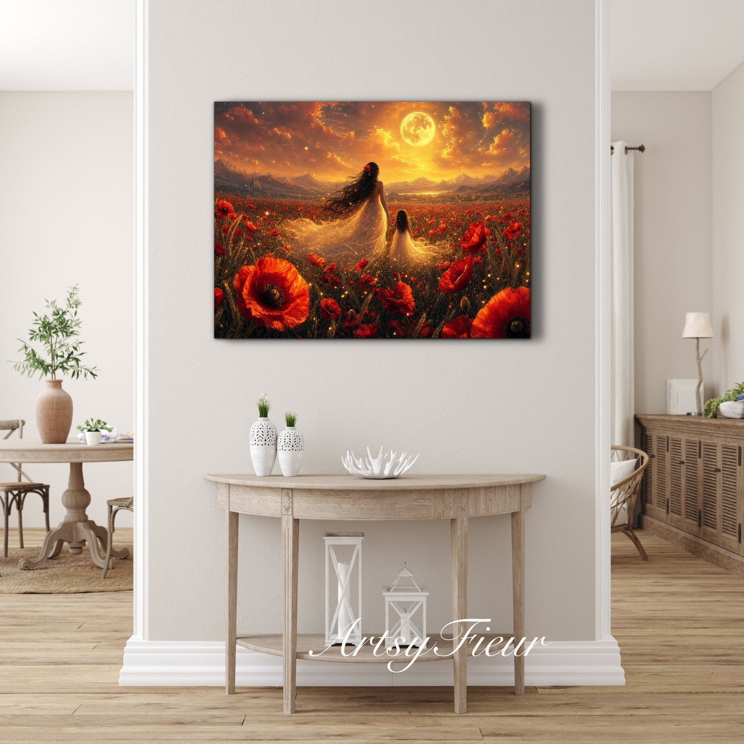 Framed Canvas- Vibrant Poppies Field Bride Mother and Daughter Portrait Whimsical Full Moon Sunset Fantasy Oil Painting Wall Art Print