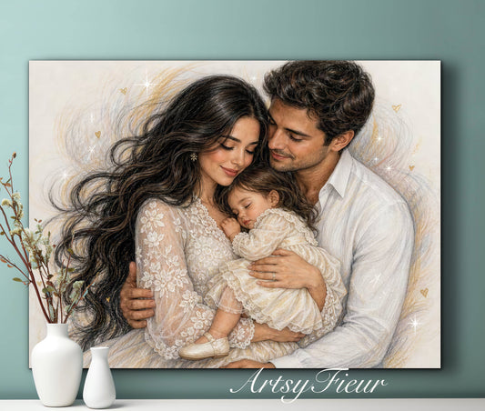 Framed Canvas- Vibrant Mother and Daughter Dad Family Portrait Fantasy Drawing Wall Art Print
