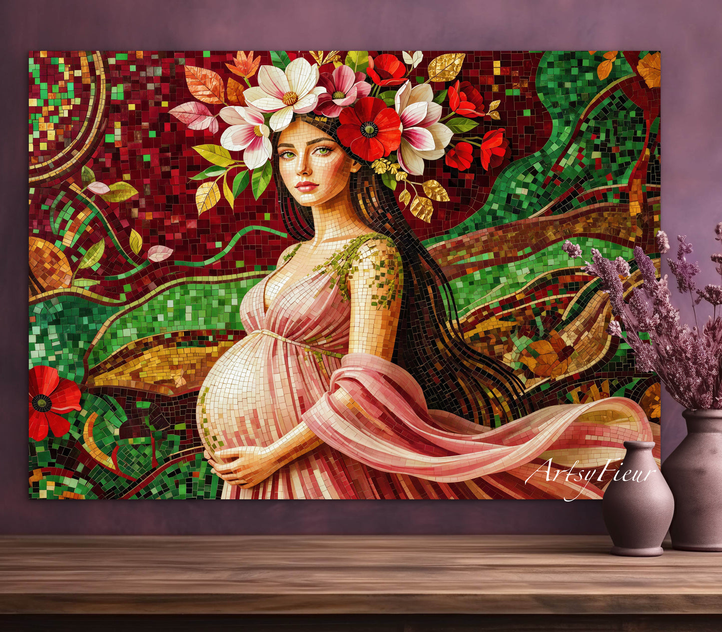 Framed Canvas- Vibrant Magnolia Flowers Beautiful Brunette Pregnant Woman’s Abstract Portrait Mosaic Original Artwork Fantasy Wall Art Print Mother Nature