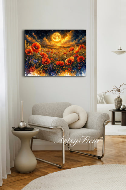 Framed Canvas Print- Vibrant Wildflowers and Poppies Oil Painting Textured Wall Art , Beautiful Original Artwork Ready to Hang Living Room, Floral