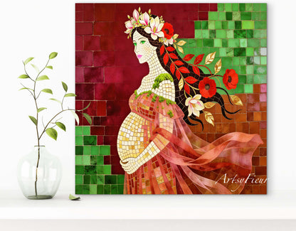 Framed Canvas- Vibrant Magnolia Flowers Beautiful Brunette Pregnant Woman’s Abstract Portrait Mosaic Original Artwork Fantasy Wall Art Print Mother Nature