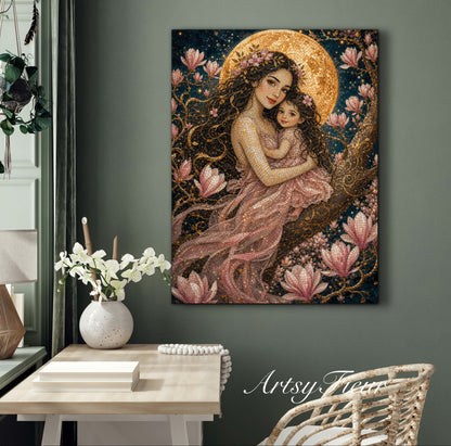 Framed canvas- Abstract Portrait Mosaic Fairy Beautiful Brunette Mother and Daughter Vibrant Magnolia Flowers Fantasy Wall Art Print