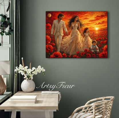 Framed Canvas- Vibrant Poppies Field Bride Groom Mother Daughter and Baby boy Portrait Whimsical Full Moon Sunset Fantasy Oil Painting Wall Art Print