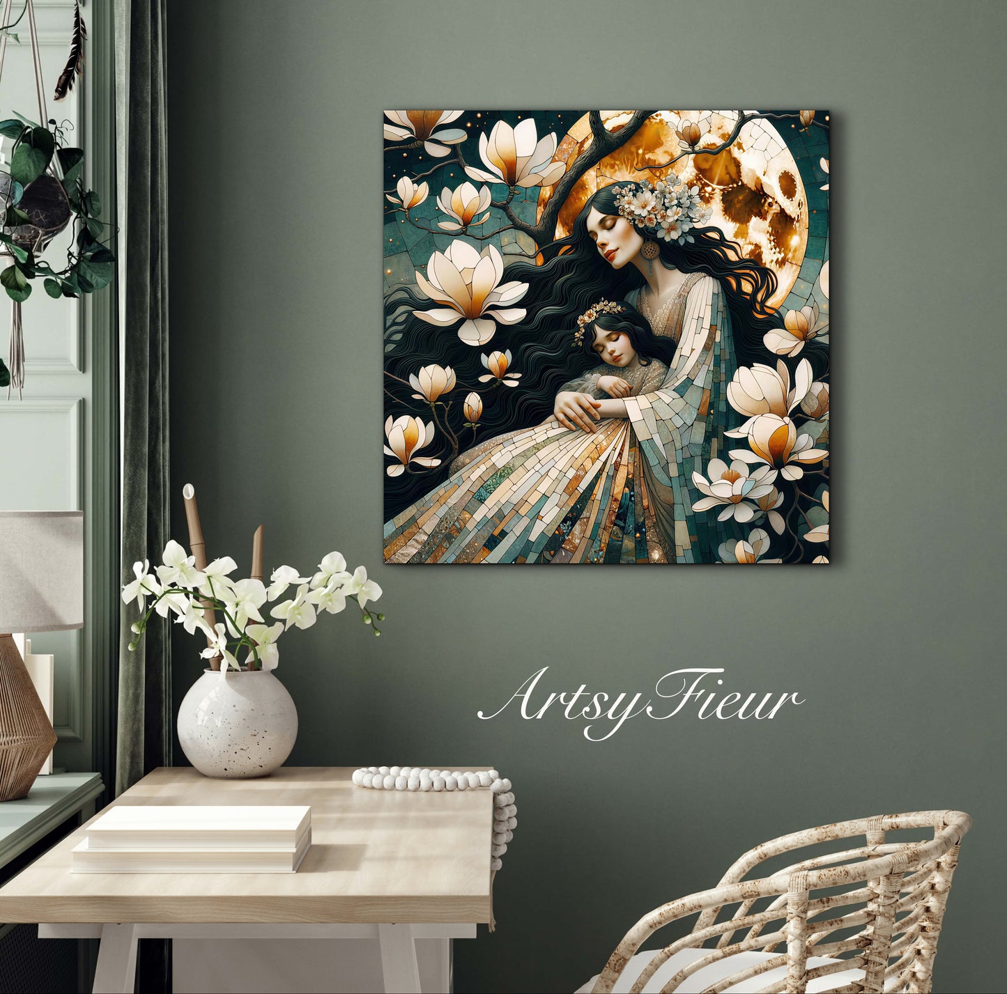 Framed canvas- ready to hang wall art print, abstract mother and daughter portrait Mosaic Magnolia Flowers Whimsical Full Moon