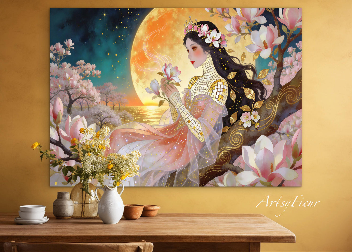 Framed Canvas- Vibrant Magnolia Flowers Beautiful Brunette Woman’s Abstract Portrait Mosaic Original Artwork Fantasy Wall Art Print