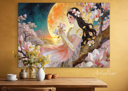 Framed Canvas- Vibrant Magnolia Flowers Beautiful Brunette Woman’s Abstract Portrait Mosaic Original Artwork Fantasy Wall Art Print