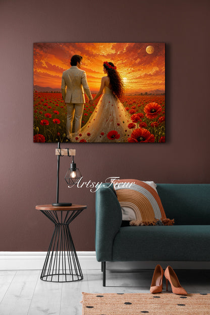 Framed canvas- whimsical full moon sunset bride and groom, wedding, poppy field, vibrant colours living room original artwork, fantasy oil painting wall art print
