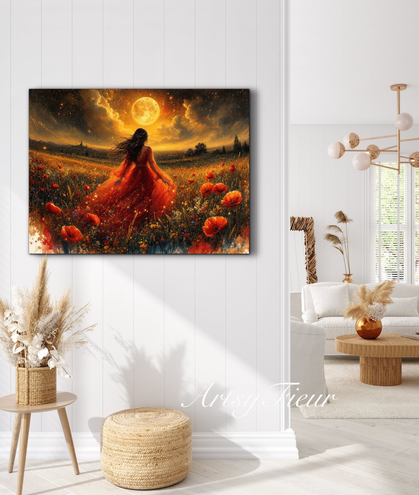 Framed Canvas - Vibrant poppies and wildflowers Whimsical Full Moon starry night sky Bride in Poppy Field, Wall Art Ready to hang original Artwork Print Red Dress